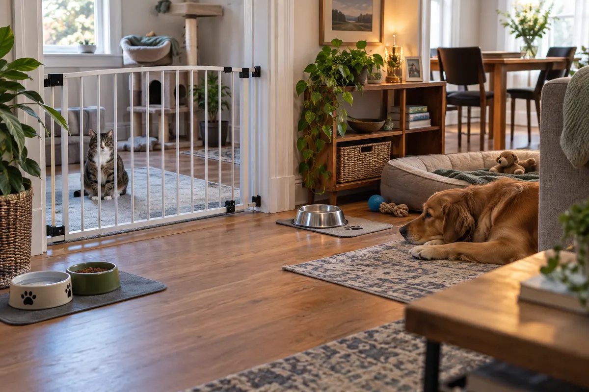 A new pet settling beside a calm household routine board and separate resting spaces.