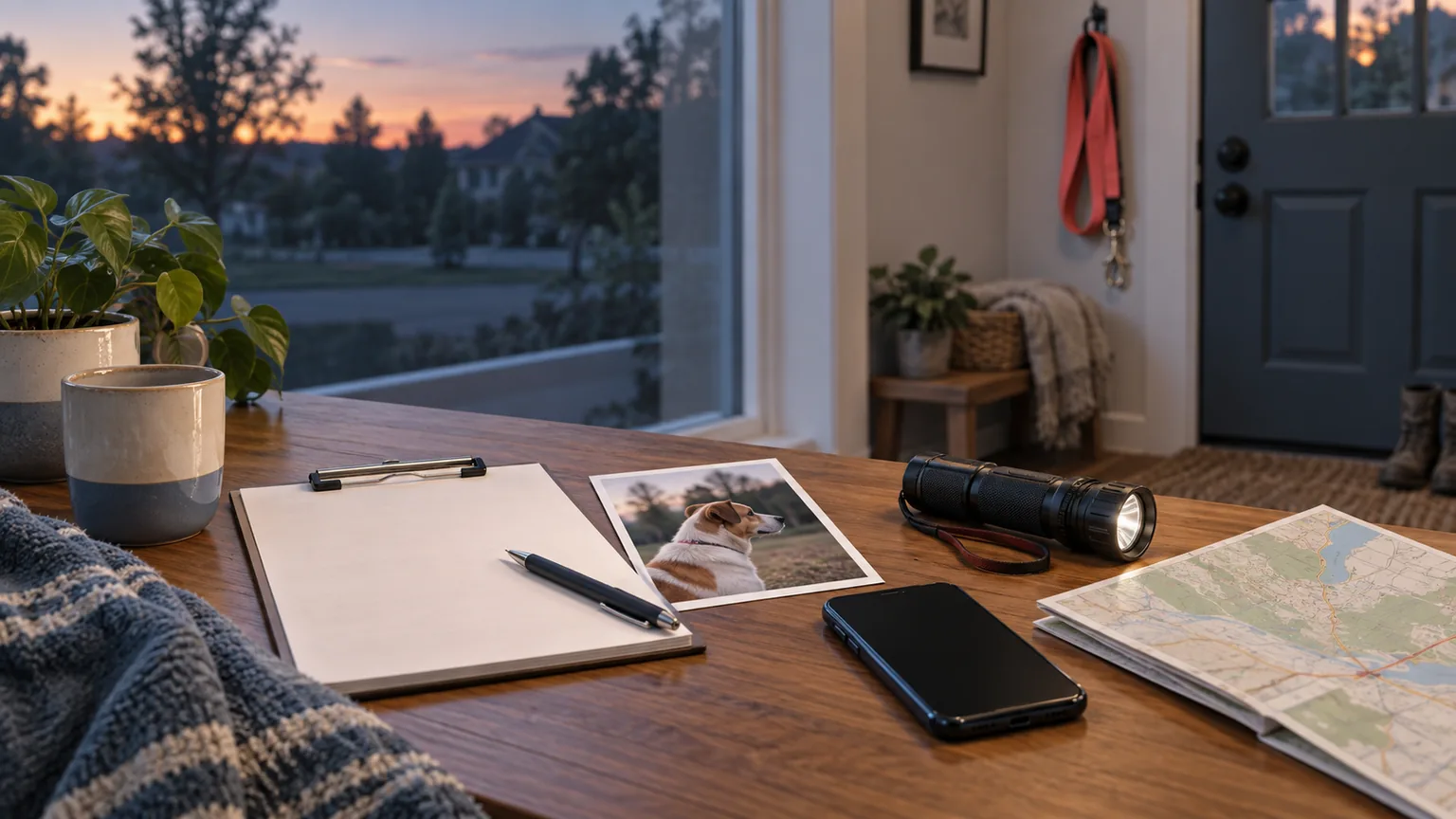 Une fiche de réaction près d’une carte, d’une lampe, d’un téléphone et d’une laisse.