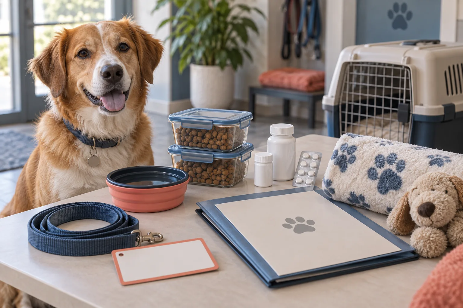 Un chien calme près de nourriture, documents, traitement, laisse et fiche de pension.