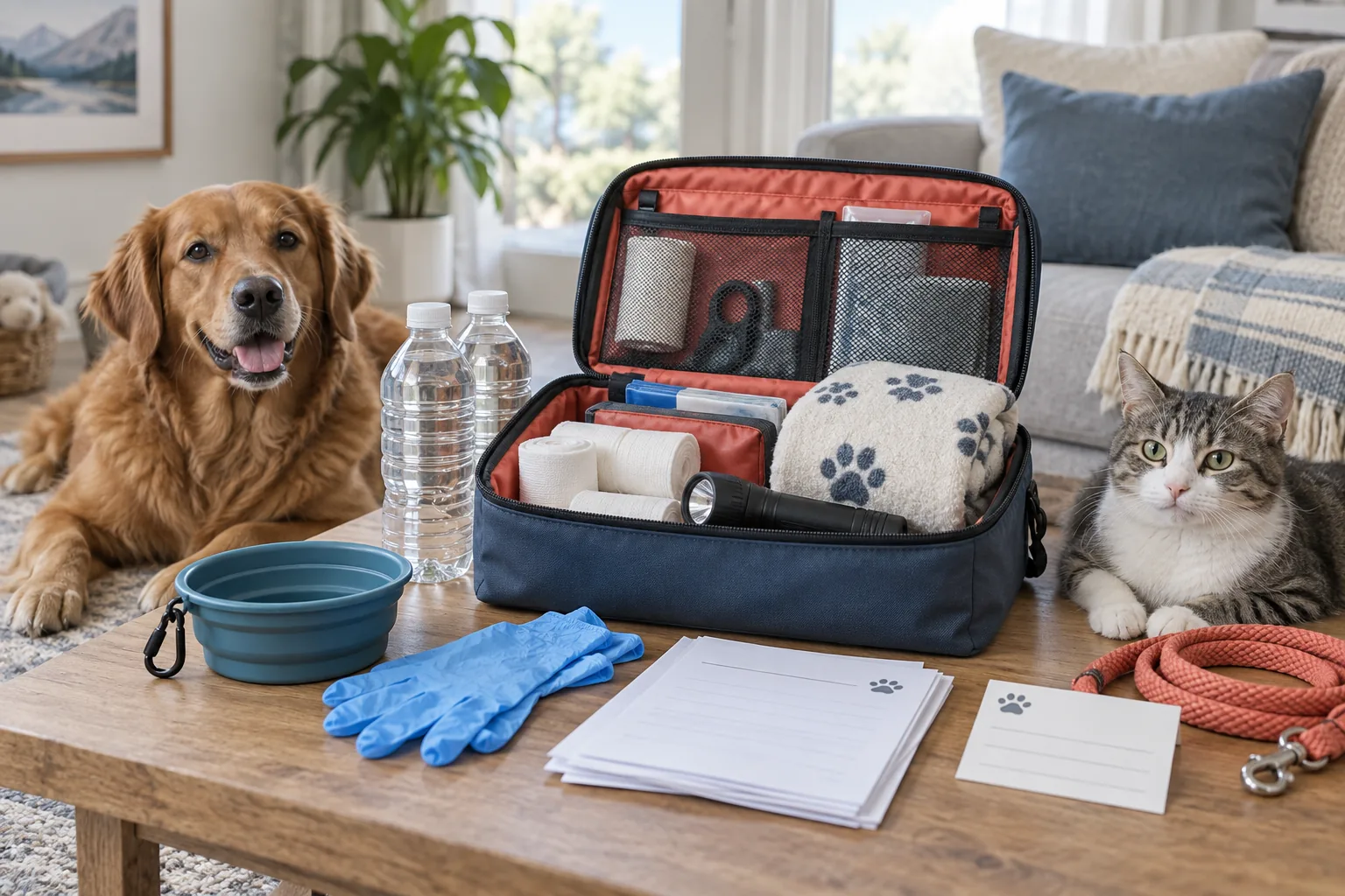 An organized pet emergency kit with supplies, records, and contact information.
