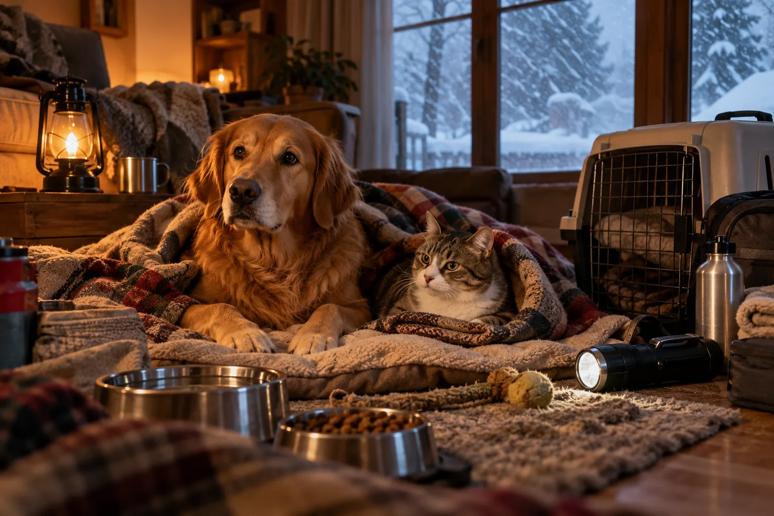 A calm pet retreat with a water bowl, bedding, and secured seasonal decorations.