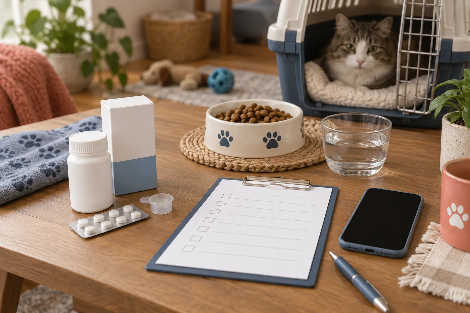 Original medication packaging beside a blank pet handoff sheet and carrier.