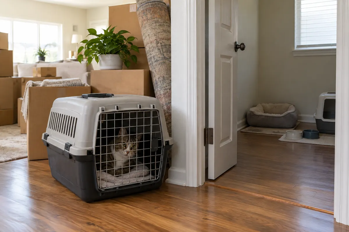 Un animal s’installe près d’un rythme de foyer calme après un déménagement.