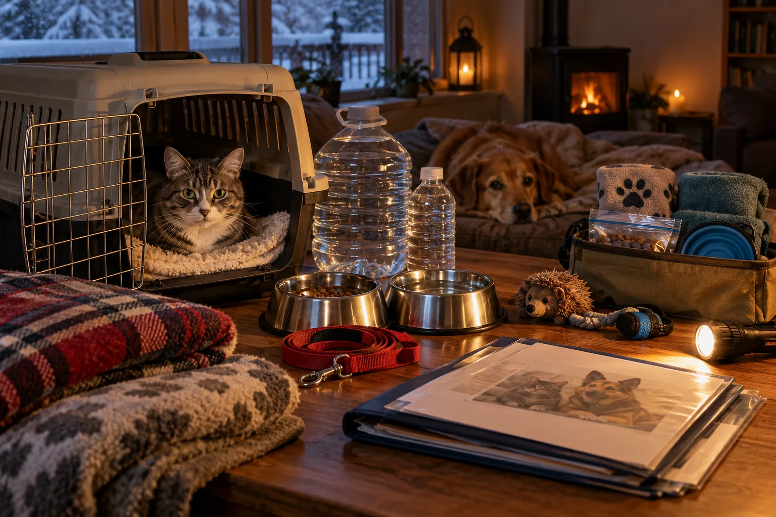 A dog and cat with water, blankets, a carrier, and emergency supplies during a winter outage.