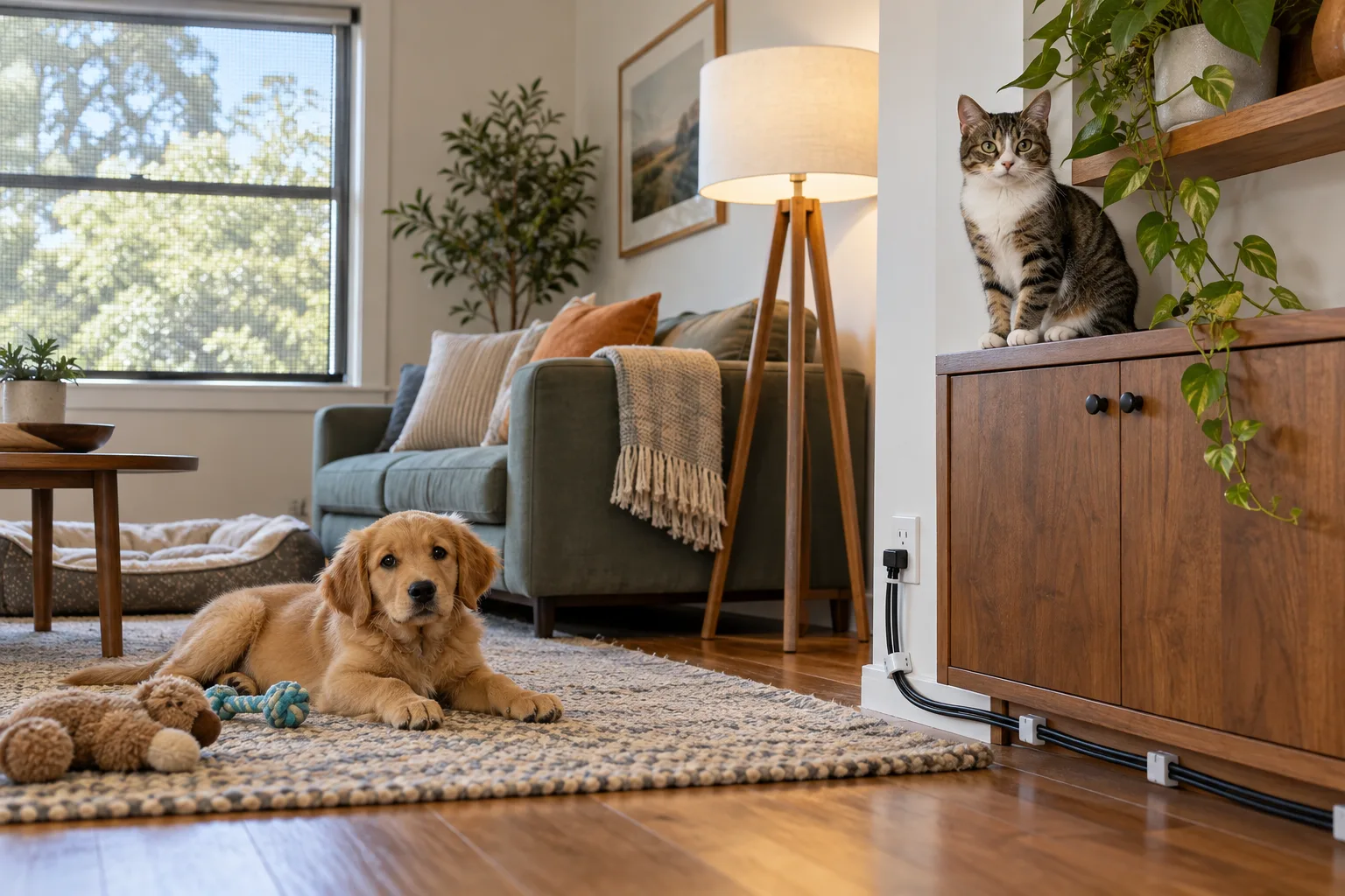 A puppy and cat in a living room with secured cords, a screened window, closed cabinet, and safe plant.