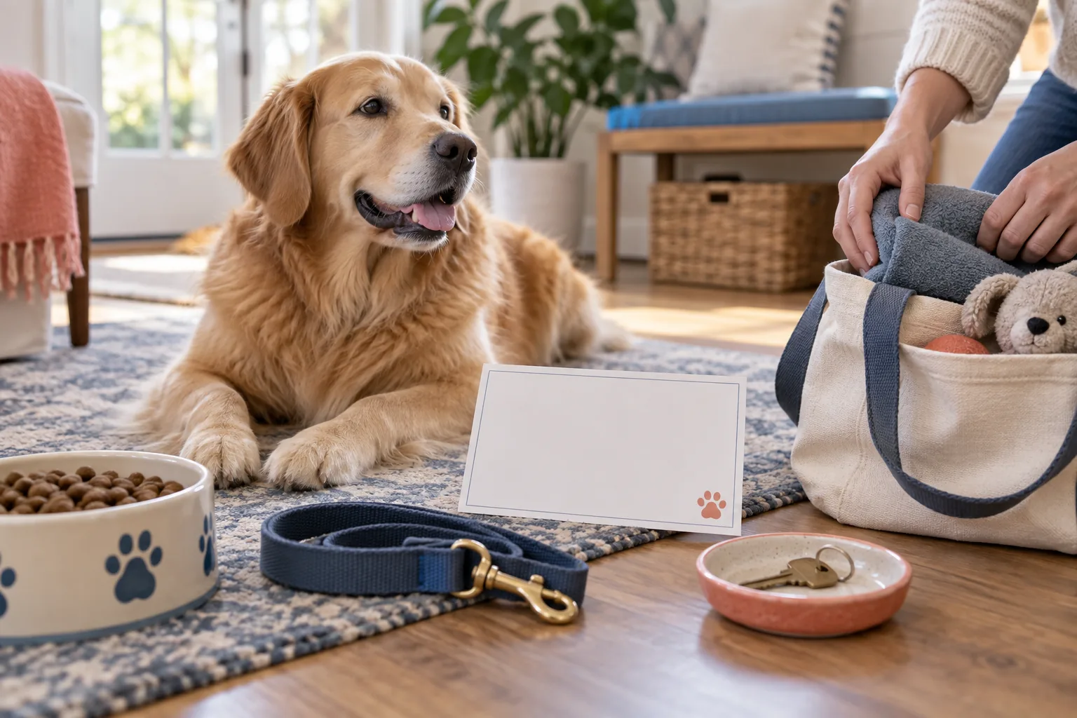 A calm dog beside a routine card, leash, food bowl, and spare key.